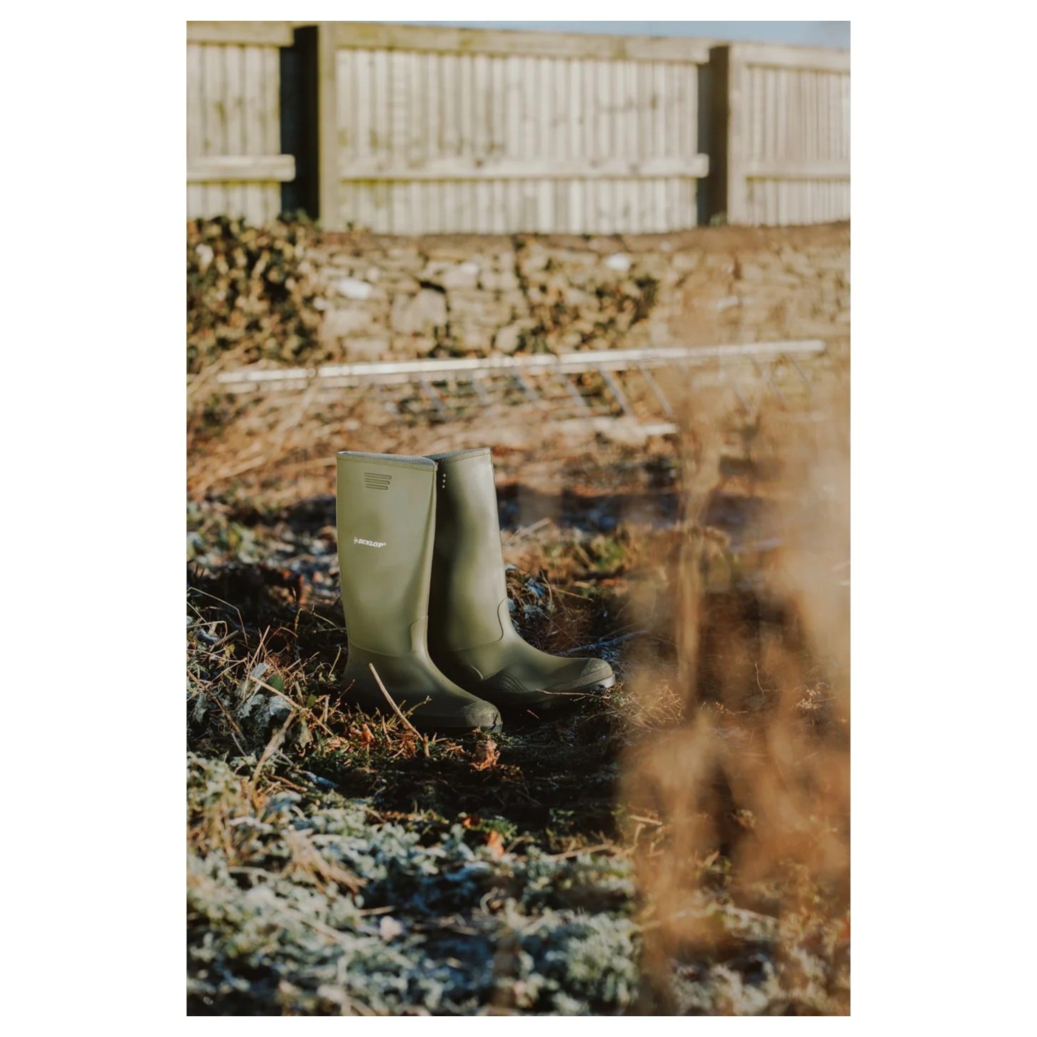 Men's Dunlop green wellington boots standing in frosty field – tough rubber boots for cold, wet conditions